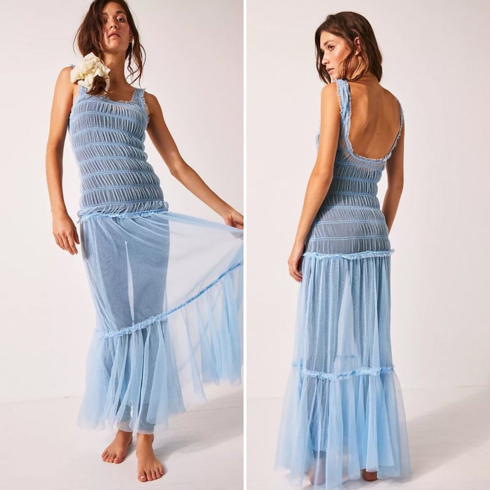 NWT Free People Smock About It Slip Dress – Blue "Lake Life" Small | Sheer Maxi
